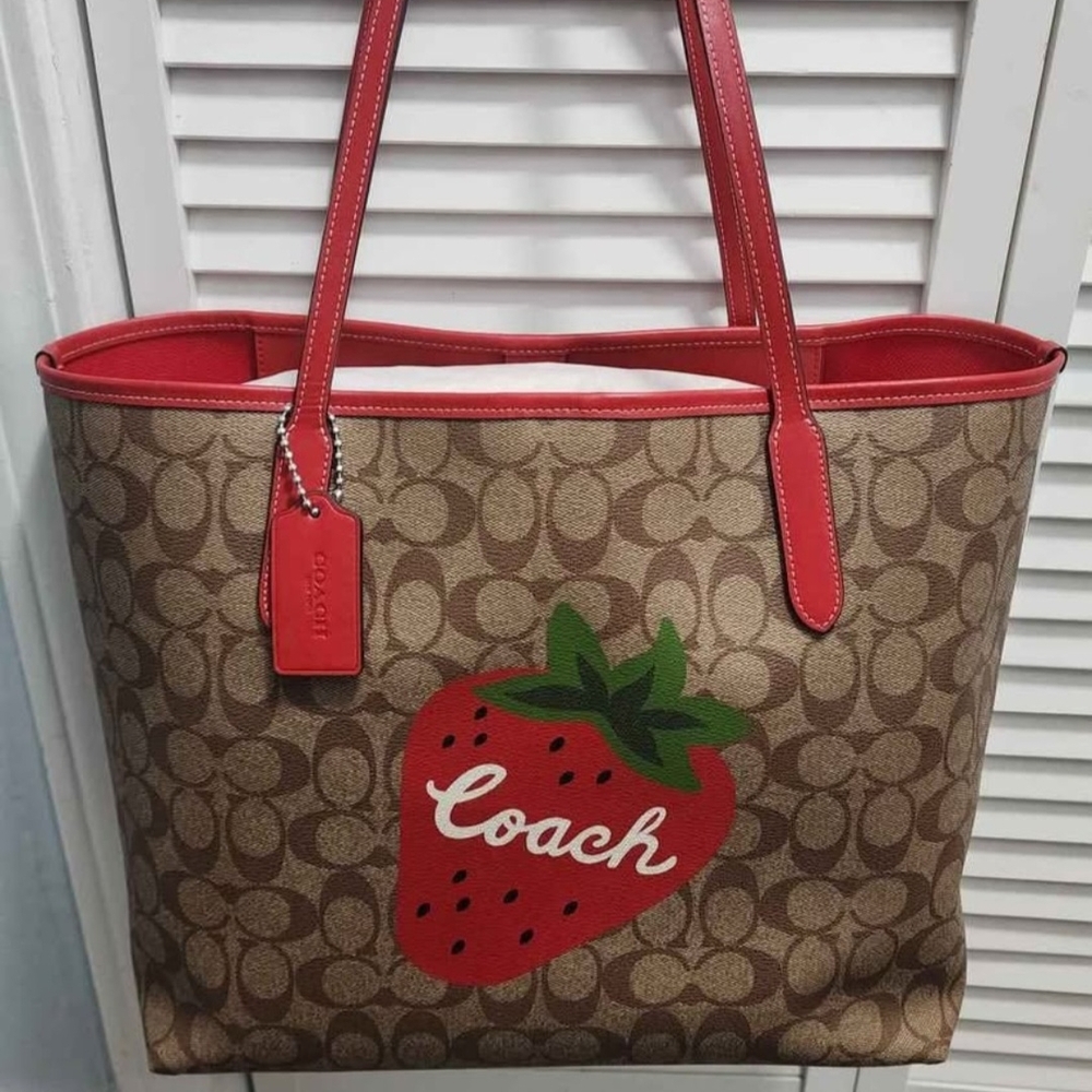 Coach Brown and Red Signature Tote with Strawberry Detail